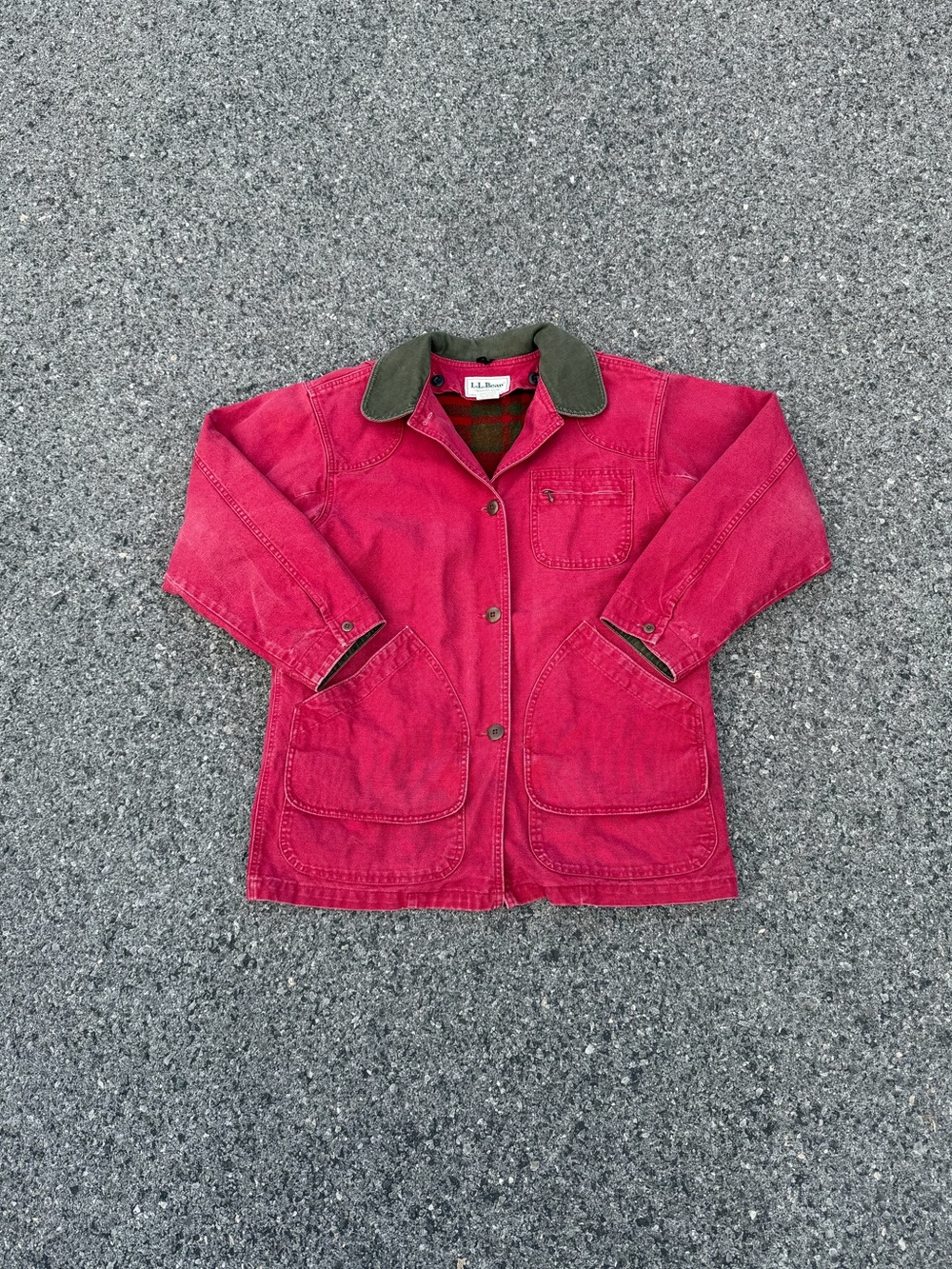 Vintage LL Bean Chore Barn Canvas Field Jacket Plaid Lined Red Womens M Unisex